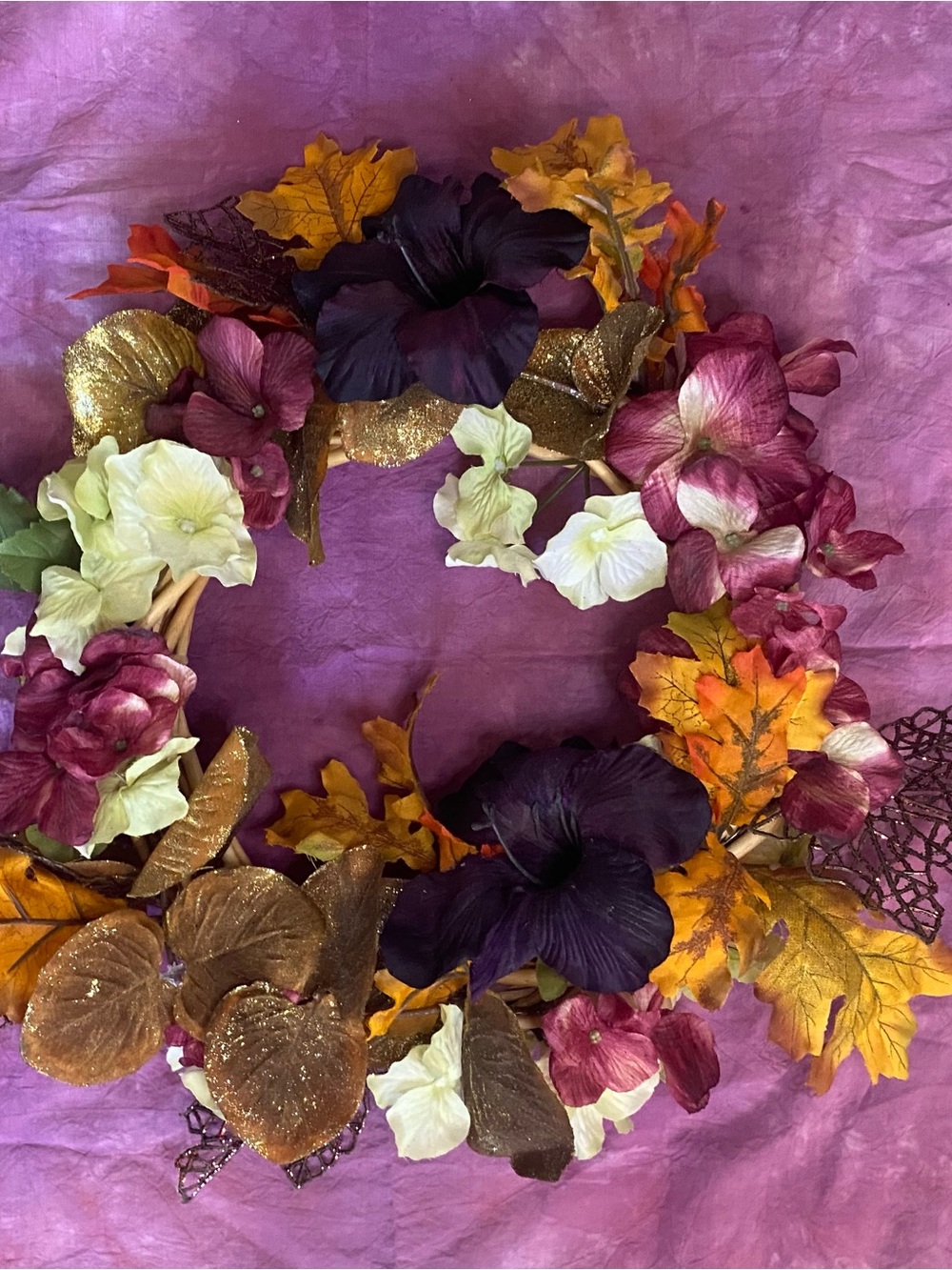 Handmade Autumn Floral Wreath with Deep Purple & Gold Accents